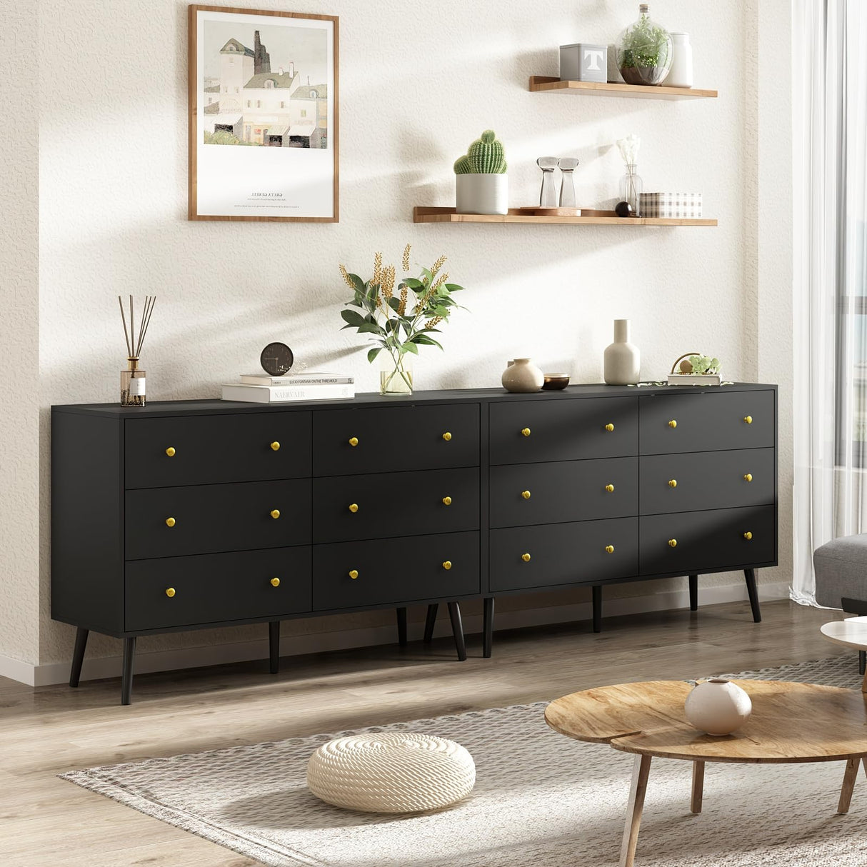 BAZELOR Dresser for Bedroom with 6 Drawers, Double Wood Dresser with Gold Handles, Modern Mid Century Chest of Drawers for Living Room, Hallway, Black BAZELOR