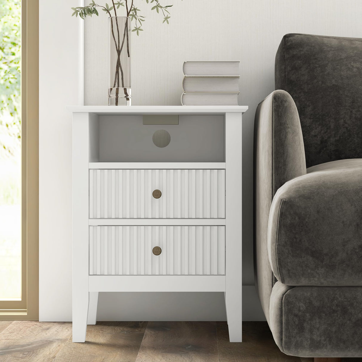 RoyalCraft White Nightstand with Charging Station, White Sofa Table with 2 Storage Drawers Cabinet, Tall End Table with Wooden Fluted-Design for Bedroom,Living Room, White RoyalCraft