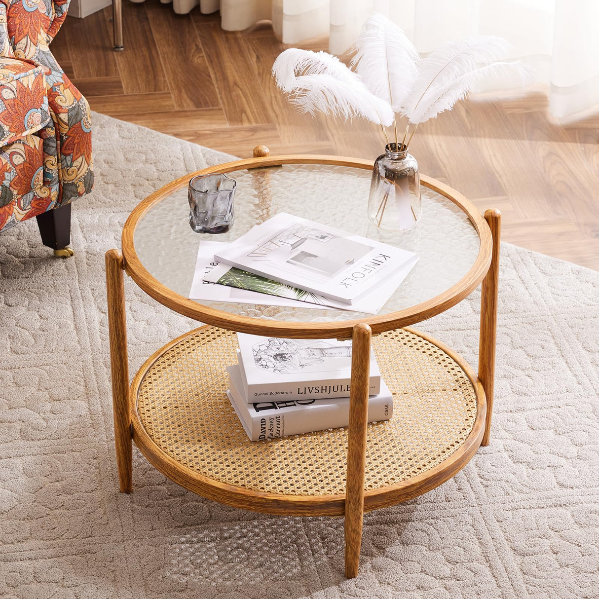 VINGLI 25.6" Rattan Coffee Table, Round Water-Wave Glass Metal Center Table, Modern Coffee Table with 2-Tier Storage, Farmhouse Circular Coffee Table for Living Room and Small Space, Natural Vibe VINGLI
