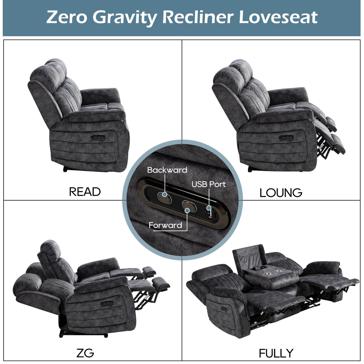 Consofa Zero Gravity Reclining Sofa Set, Power Recliner Living Room Set with Adjustable Headrest, Power Reclining Sofa and Loveseat Set with USB Port/Console/Cup Holders for Living Room(Grey) Consofa