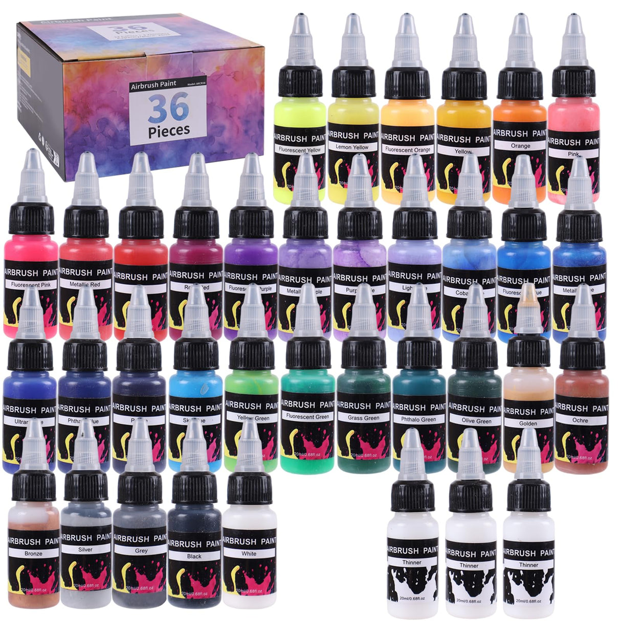 BLESTALIDO 24 Colors Airbrush Paint Set - Ready to Spray Acrylic Paints - Rich Pigments, Water-Based, for Models, Miniatures, Figurines, Canvas, Fabric & More - 20ml Bottles BLESTALIDO