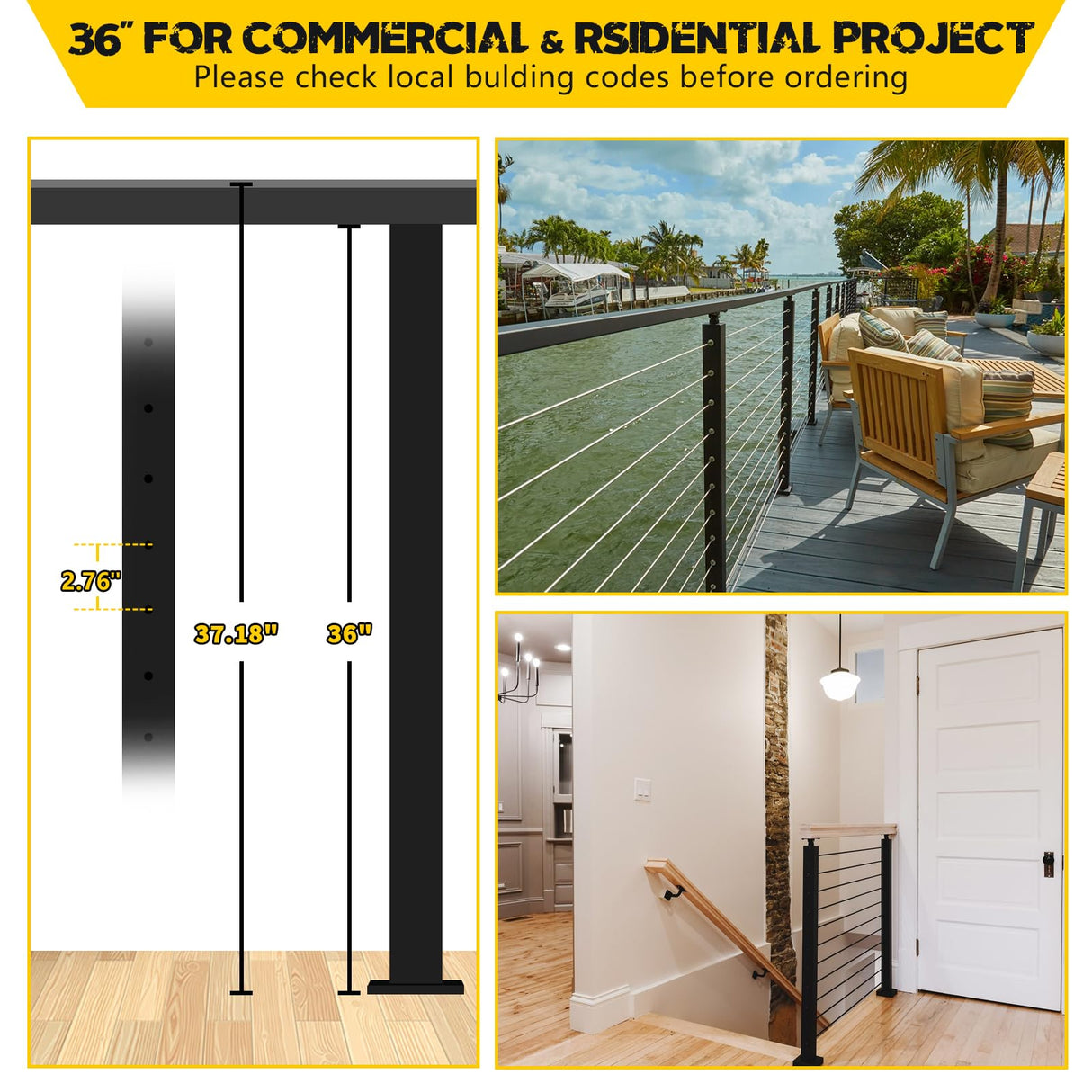 VEVIVOOVY Stainless Steel Cable Railing Post 36"(Post 34"x2"x2"),Level Drilled Railing Post with Adjustable Top Mount Cable Handrail Post,DIY Black Railing Post for Decks,Porchs,Balconies -6Pack VEVIVOOVY