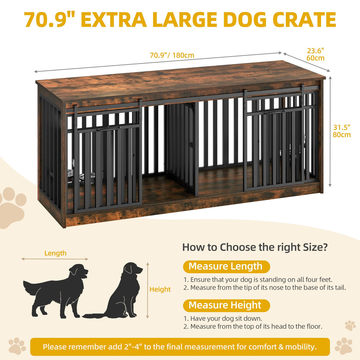 DWVO 71" Double Dog Crate Furniture for 2 Medium Dogs, Heavy Duty Wood Dual Dog Kennel TV Stand with Sliding Doors, Decorative Wooden 2 Dog Cage Table with Dog Bowls for Extra Large Dogs Rustic Brown DWVO