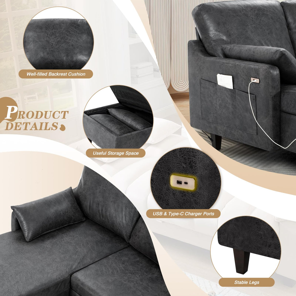 ACMEASE 76" Sectional Sofa Couch with Reversible Chaise, Suede Leather L Shaped Sofa w/USB Charger Ports & Storage Bag, Convertible Modern Couch w/Storage Space for Living Room, Small Space, Grey ACMEASE