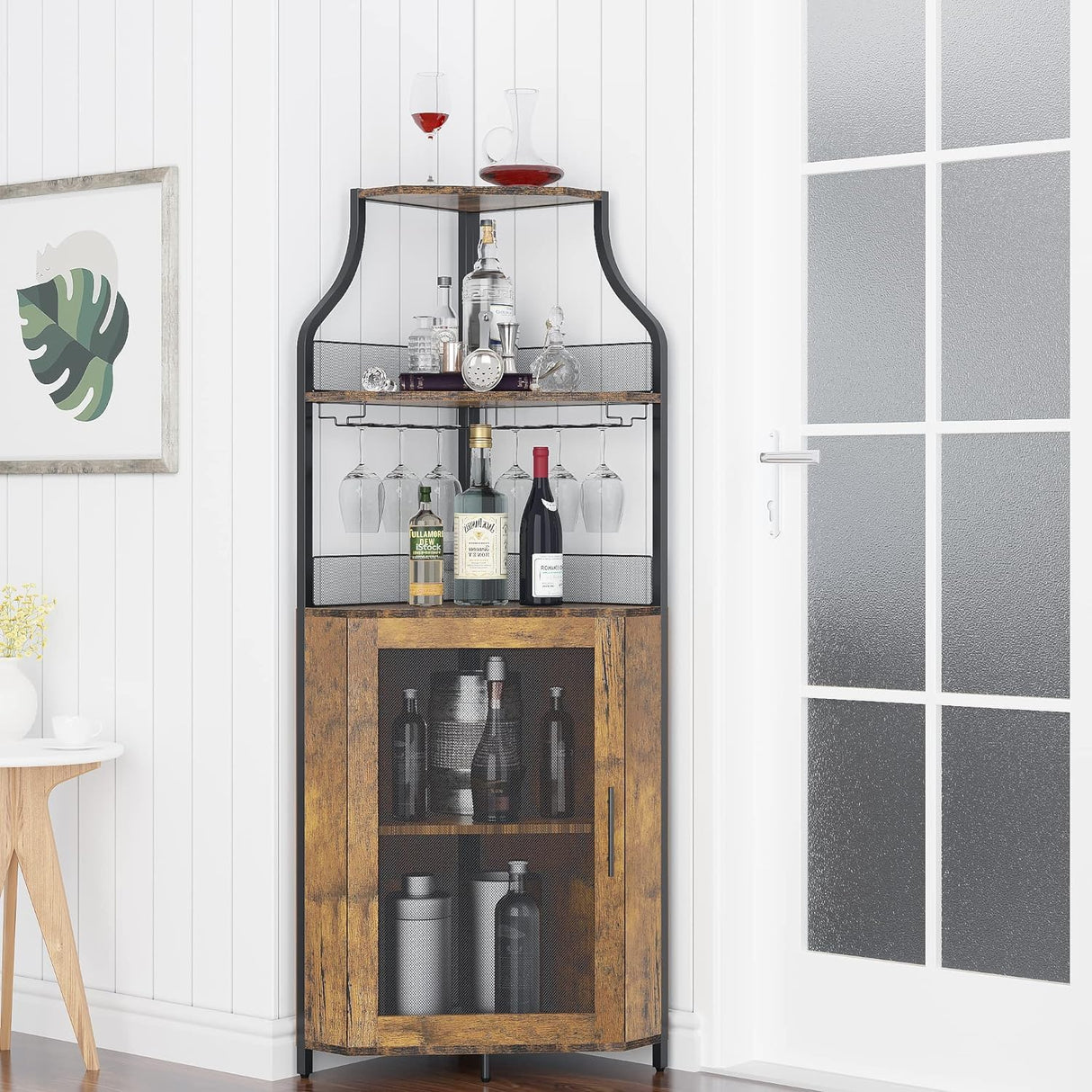 GAOMON Corner Wine Cabinet with Removable Wine Rack, Wine Cabinet and Wine Glass Bar Cabinet with Glass Rack and Mesh Door, Wine Cabinet with Reasonable Functional Partitioning (Retro Brown) GAOMON