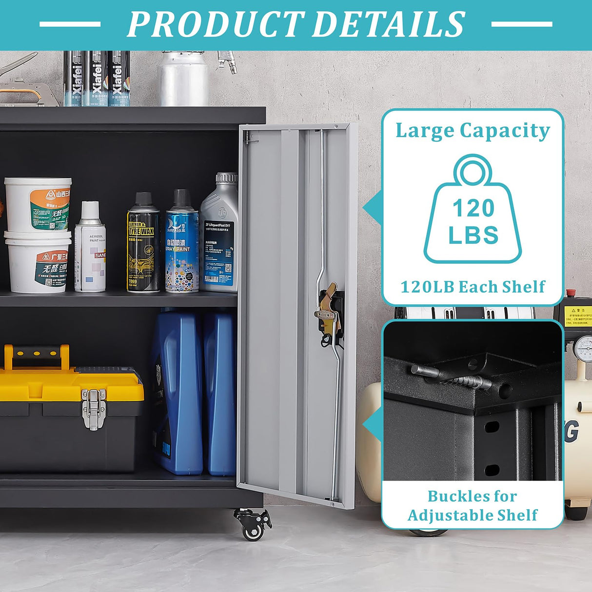 GREATMEET Metal Storage Cabinet with Locking Doors and Wheels,Garage Cabinet with Shelves for Home Office, Gym, School,Black+Grey GREATMEET