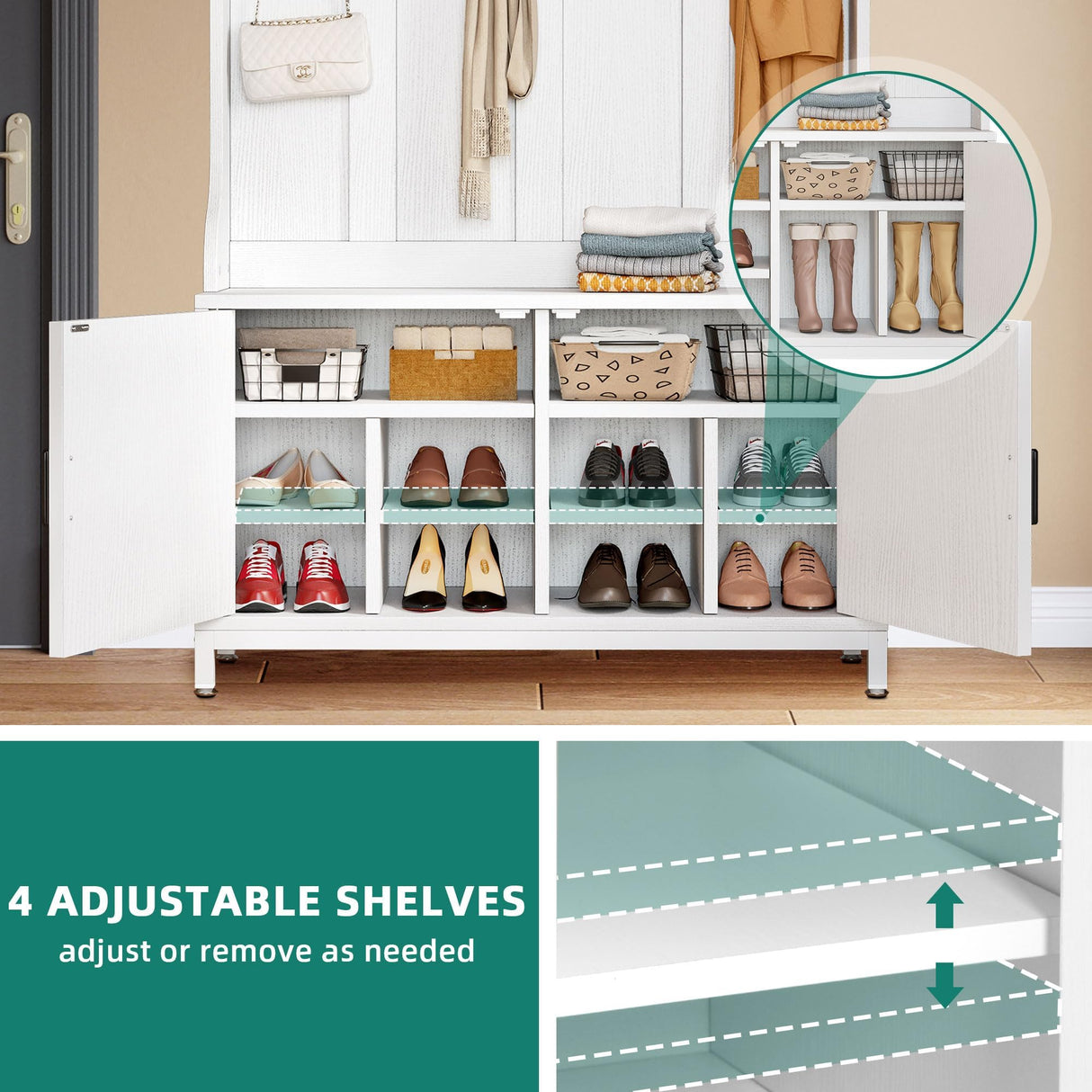 YITAHOME Hall Tree with Shoe Storage Bench for Entryway, 4-in-1 Coat Rack with Bench, Entrance Organizer with Shoe Storage, Hall Tree with Adjustable Shoe Storage and Hanging Hooks, White YITAHOME