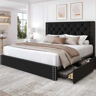 LARMACE Queen Size Upholstered Bed Frame with Storage Velvet Platform Tufted Bed Frame with 4 Drawers and Headboard, Wood Slats Support, Easy Assembly, Noise-Free, Black