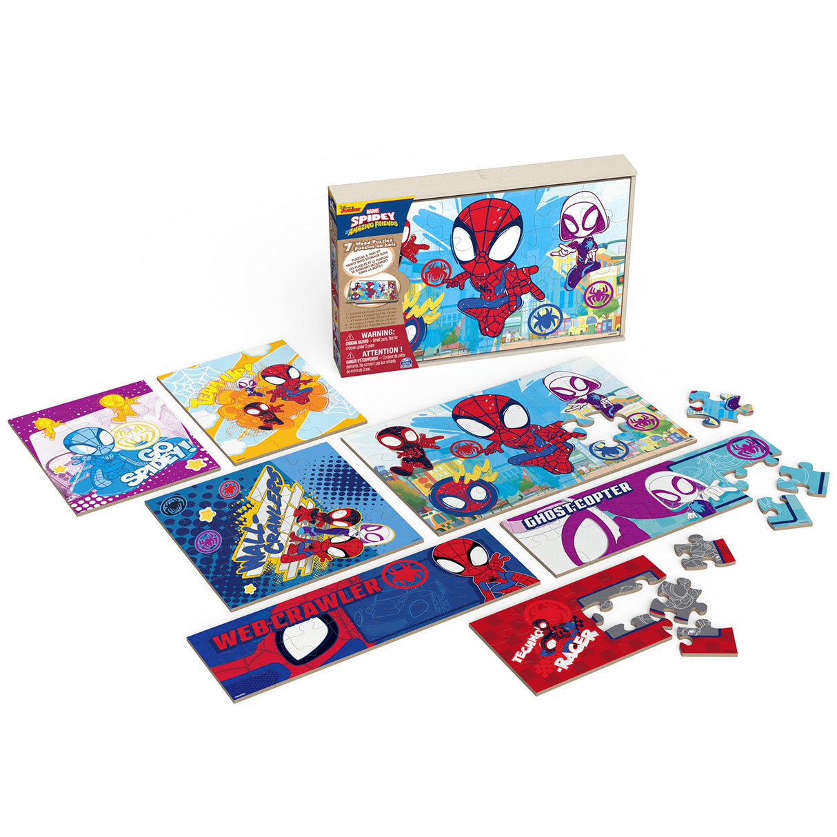 Marvel Spidey and his Amazing Friends 7 Wood Jigsaw Puzzles with Sliding Wood Storage Box- Spidey and his Amazing Friends Toys for Kids Ages 4+ Spin Master Games