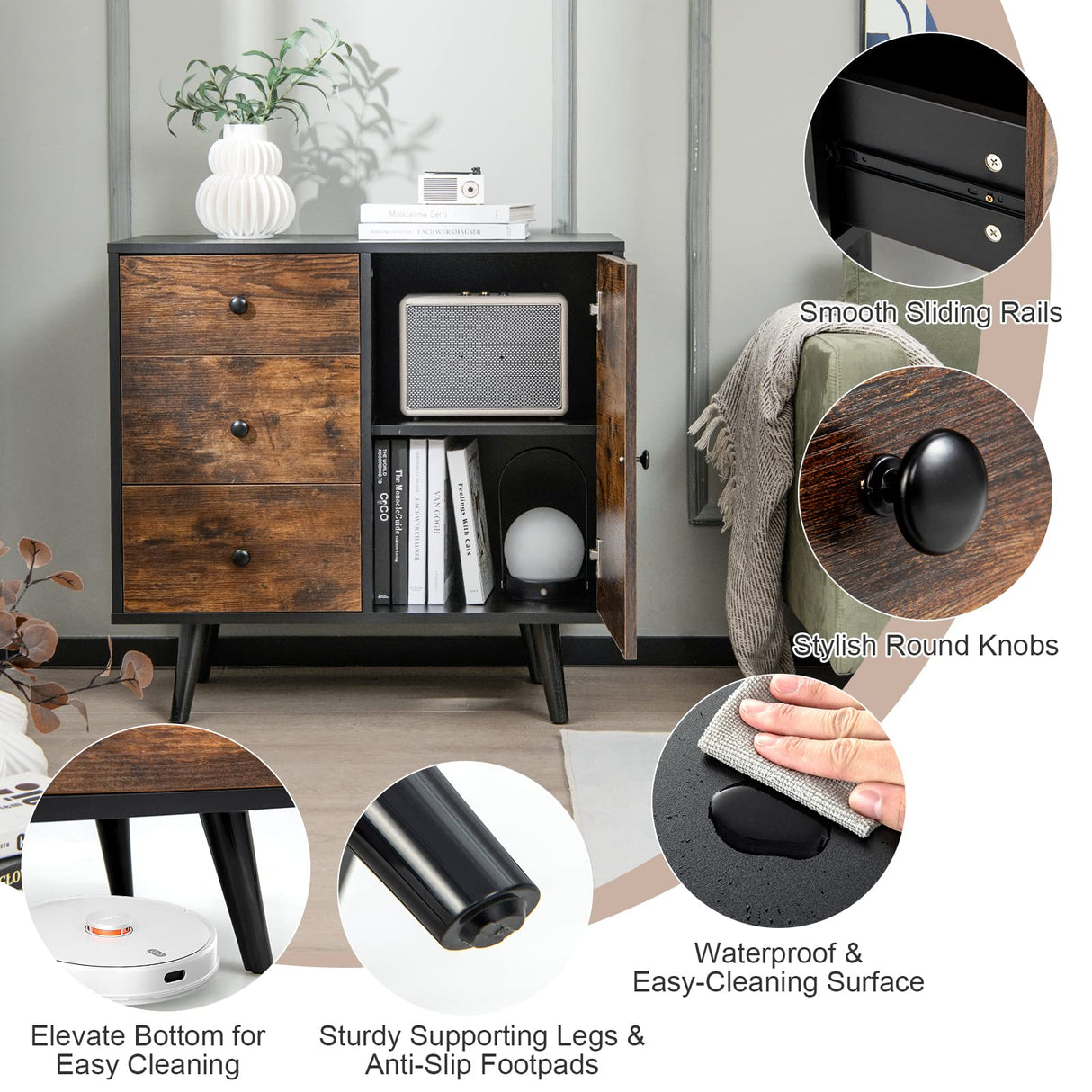 Tangkula Storage Cabinet with 3 Drawers and Door Cabinet, Industrial Wood Accent Cabinet with Adjustable Shelf, Retro Farmhouse Sideboard Buffet Cabinet for Kitchen Living Room (Industrial) Tangkula