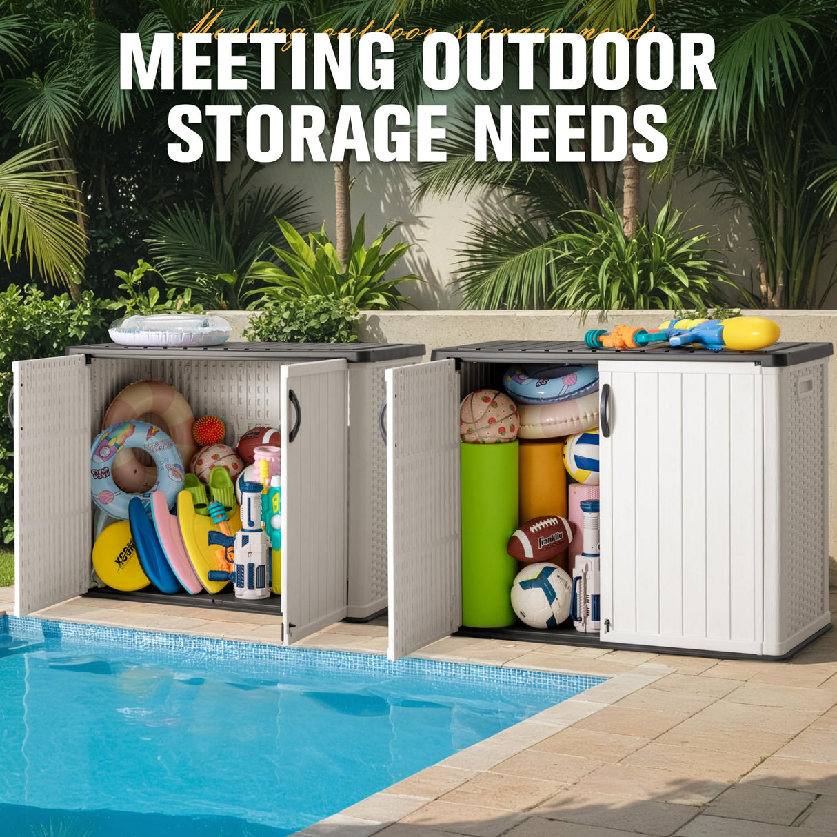 Greesum Outdoor Horizontal Storage Sheds 27 Cu.ft Resin Large Storaged Box Weather Resistance, Without Shelf, Easy to Assemble, Prefect for Garden, Patios, Backyards, White Greesum