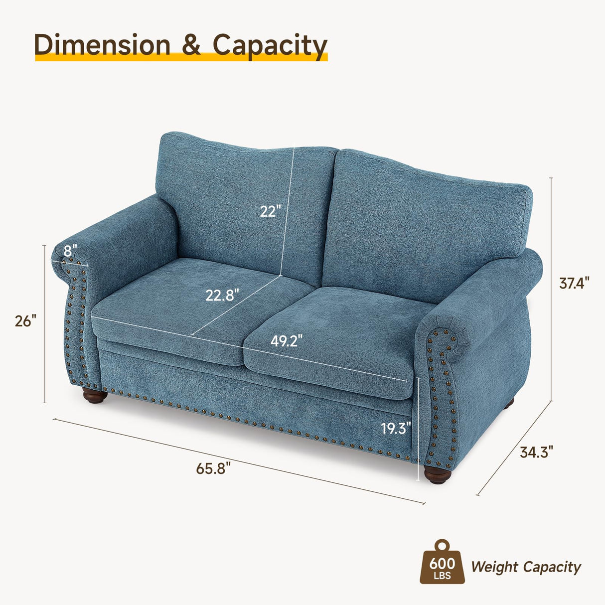 ONBRILL Nailhead Sofa, 66" Small Couch with Rolled Arms, Chenille Fabric Loveseat w/Springs Seat Cushion, Vintage Curved Back, Turned Wood Legs, Comfy Couch for Living Room, Bedroom, Farmhouse, Teal ONBRILL