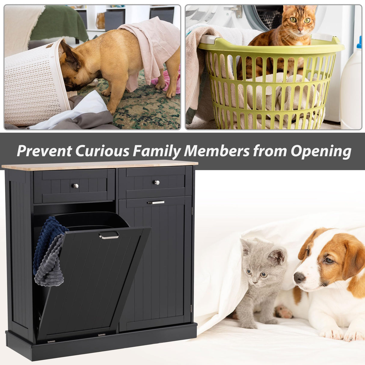 Spurgehom 13 Gallons Tilt Out Trash Cabinet Kitchen Waste Bins Modern Kitchen Trash Cabinet with Adjustable Shelf and Hideaway Drawers, Pet Proof Trash Can Holder for Kitchen Living Room, Black Spurgehom