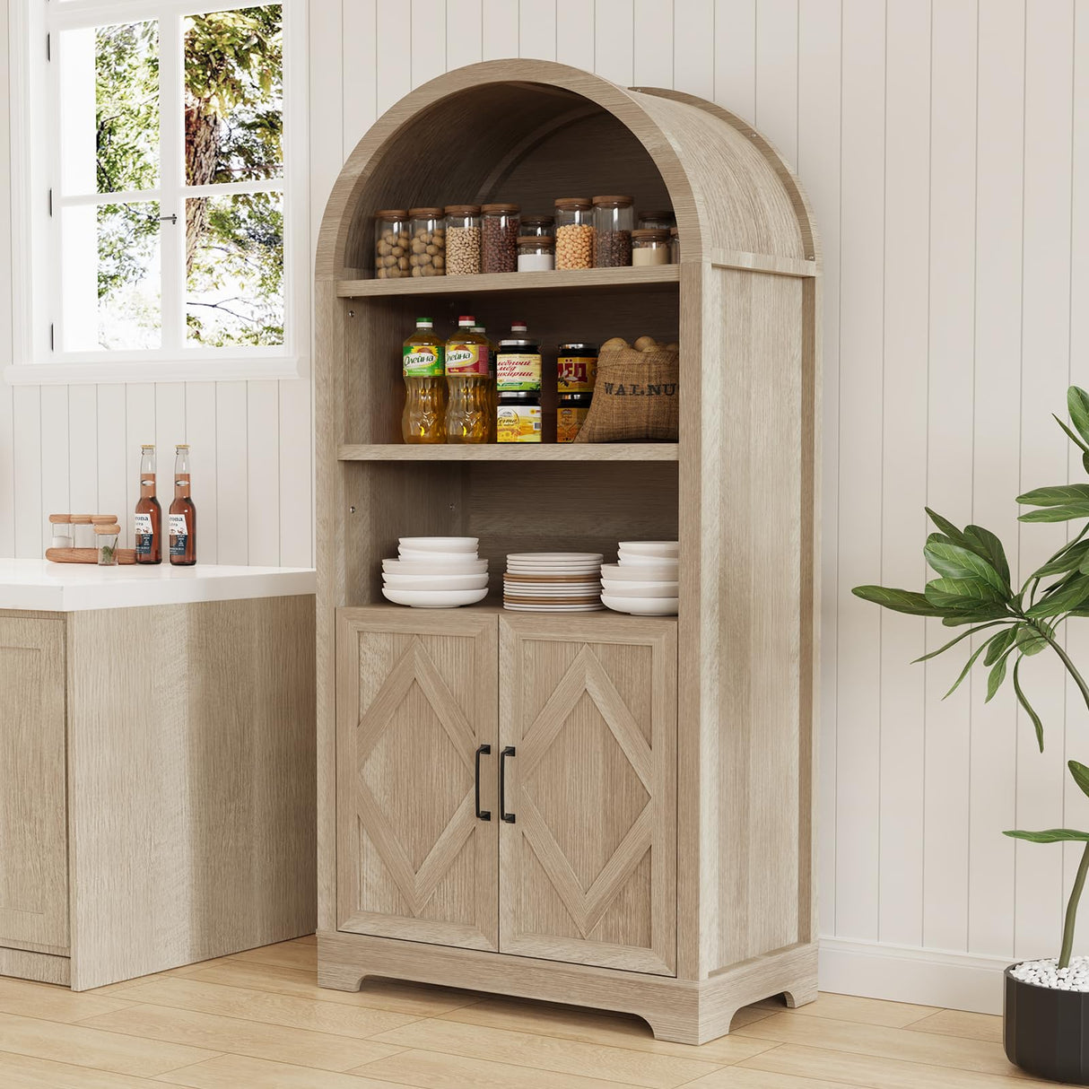 71" Tall Arched Bookcase with Storage, 5 Tier Mid-Century Modern Arched Cabinet with Doors, Farmhouse Wood Kitchen Pantry Cabinet with Open Adjustable Shelves, Bookshelf for Living Dining Room Sunny Heart