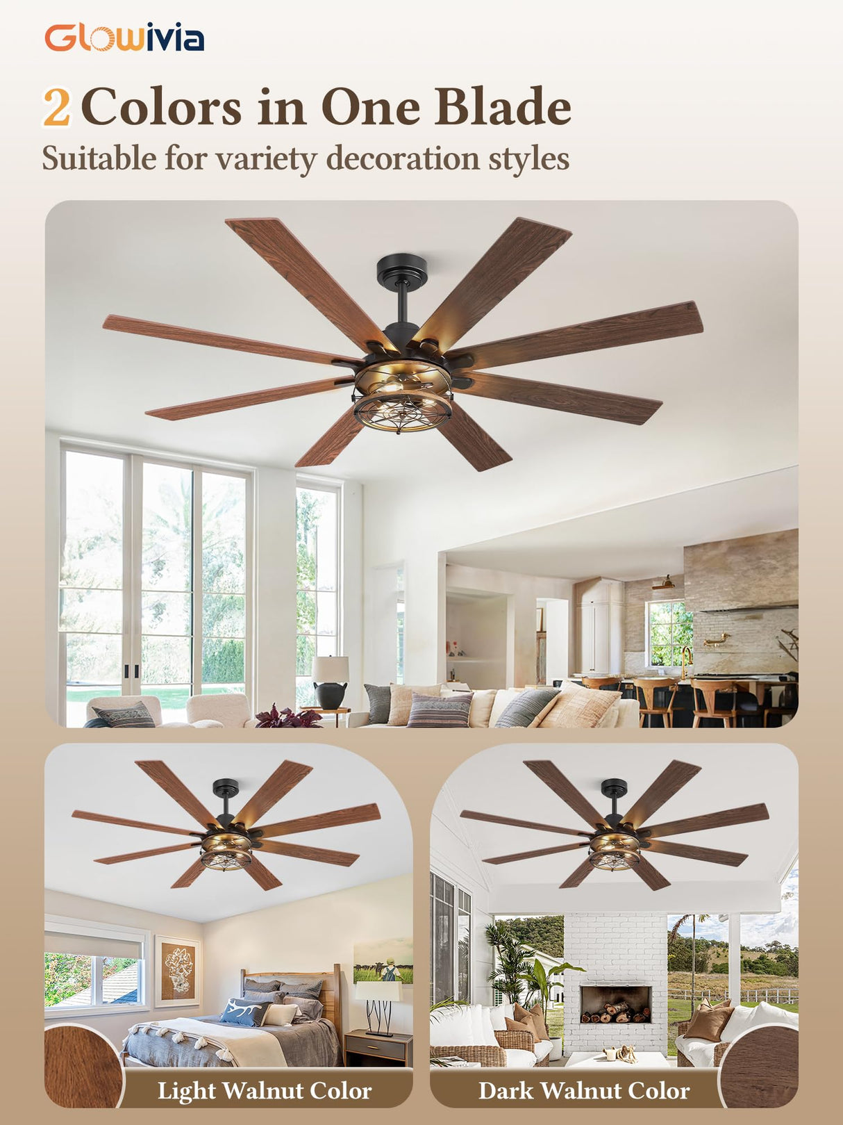Glowivia 65 Inch Ceiling Fans with Lights, Farmhouse Ceiling Fan with Lights and Remote, Dual Finish 8 Blades Black Caged Rustic Ceiling Fans with 6 Speed Reversible Motor for Indoor/Covered Outdoor Glowivia