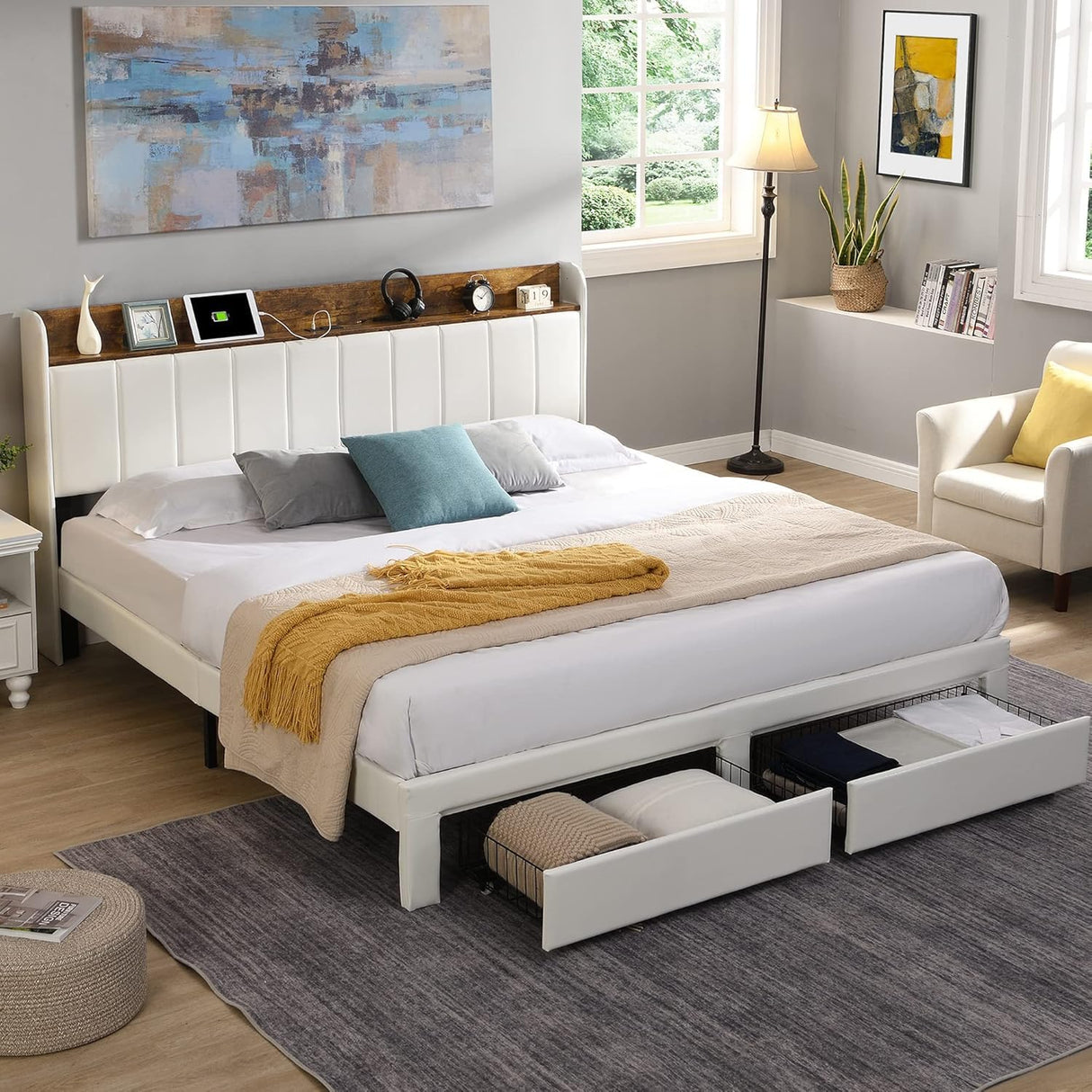 XKLOGER Queen Bed Frame with Headboard & Charging Station, Upholstered Platform Bed Frame with 2 Storage Drawers, Sturdy Wooden Slats Support/No Box Spring Needed/Noise Free/Easy Assembly/White XKLOGER