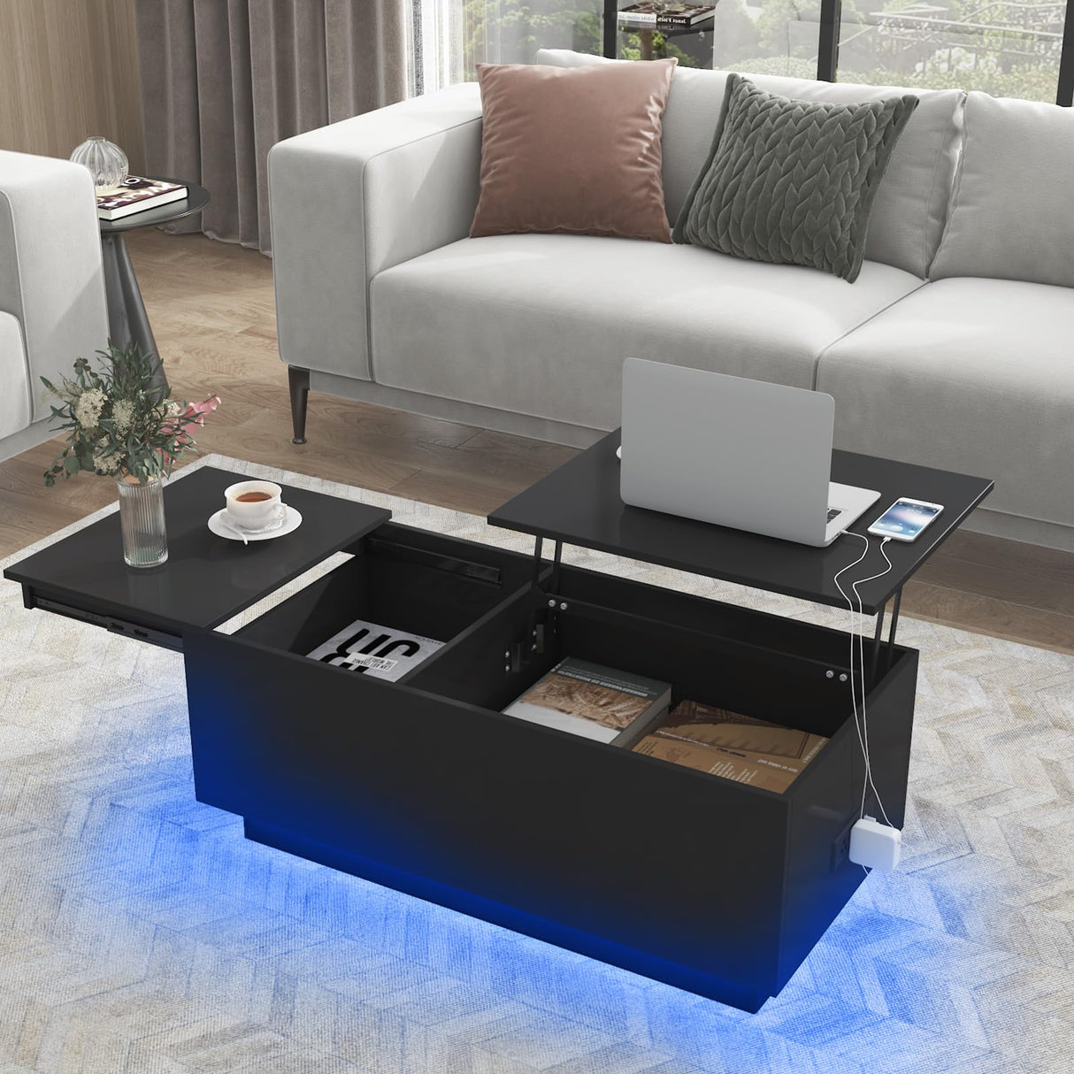 HOMMPA LED Coffee Table for Living Room Lift Top Coffee Tables with Power Outlet Black Morden Center Table with Storage Hidden Compartment High Gloss Lift Tabletop HOMMPA