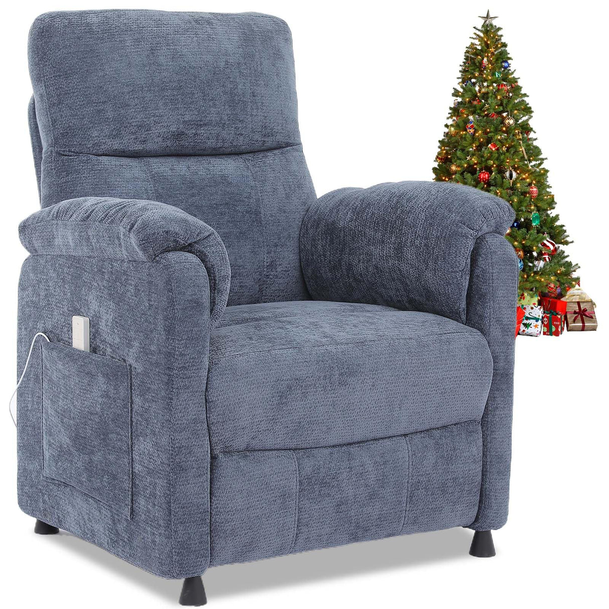 Chenille Power Recliner Chair for Living Room Bedroom|Electric|Remote Control|Side Pockets|Small|Adults (Blue) Anwick