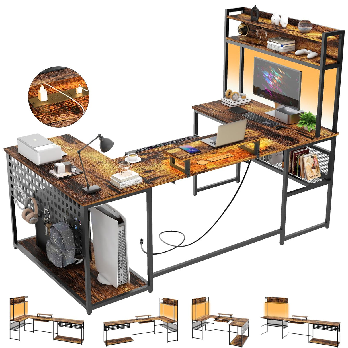 Halitaa U Shaped Desk with Power Outlet, L Shaped Office Desk with LED Lights and Monitor Stand, Reversible L-Shaped Computer Desk Suitable for Home Office, Corner, Gaming, Brown Halitaa