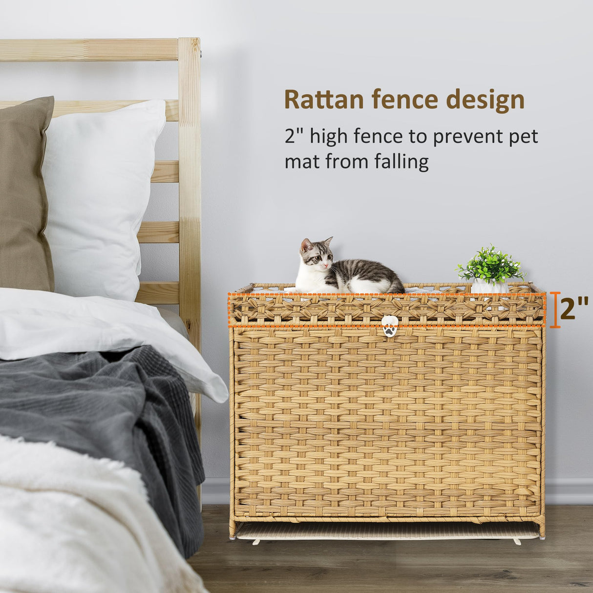 Cat Litter Box Enclosure with Soft Litter Mat; Hidden Cat Washroom Furniture with Door; Handwoven Rattan Cat House with Large Space; Pet Crate for Living Room, Bedroom, Balcony (Natural) Honiakaka
