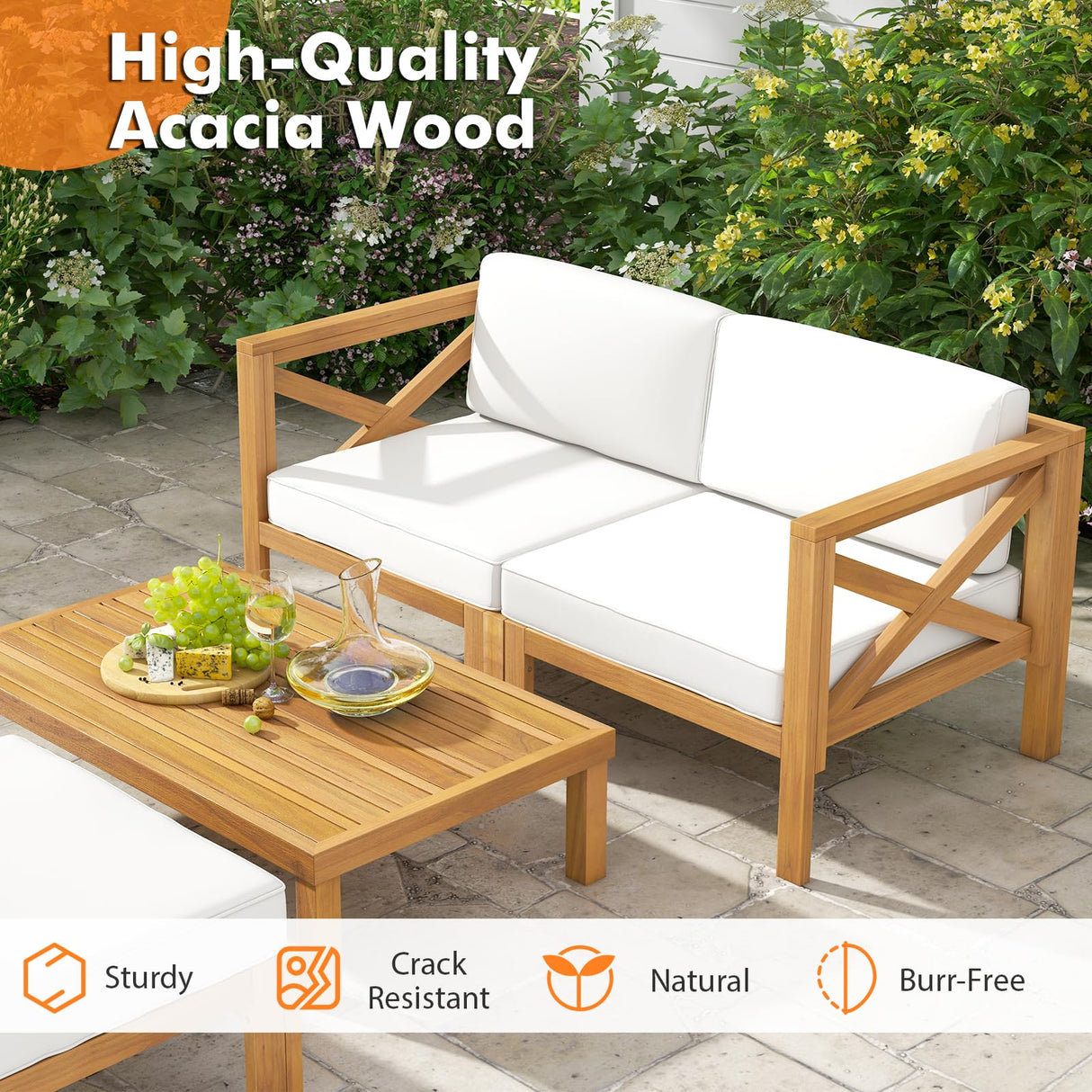 Tangkula 5 Piece Outdoor Conversation Furniture Set, Acacia Wood Sectional Sofa Set with 3 Chairs, 1 Ottoman & 1 Coffee Table, Patio Cushioned Sofa Set for Porch, Yard, Poolside (Off White) Tangkula