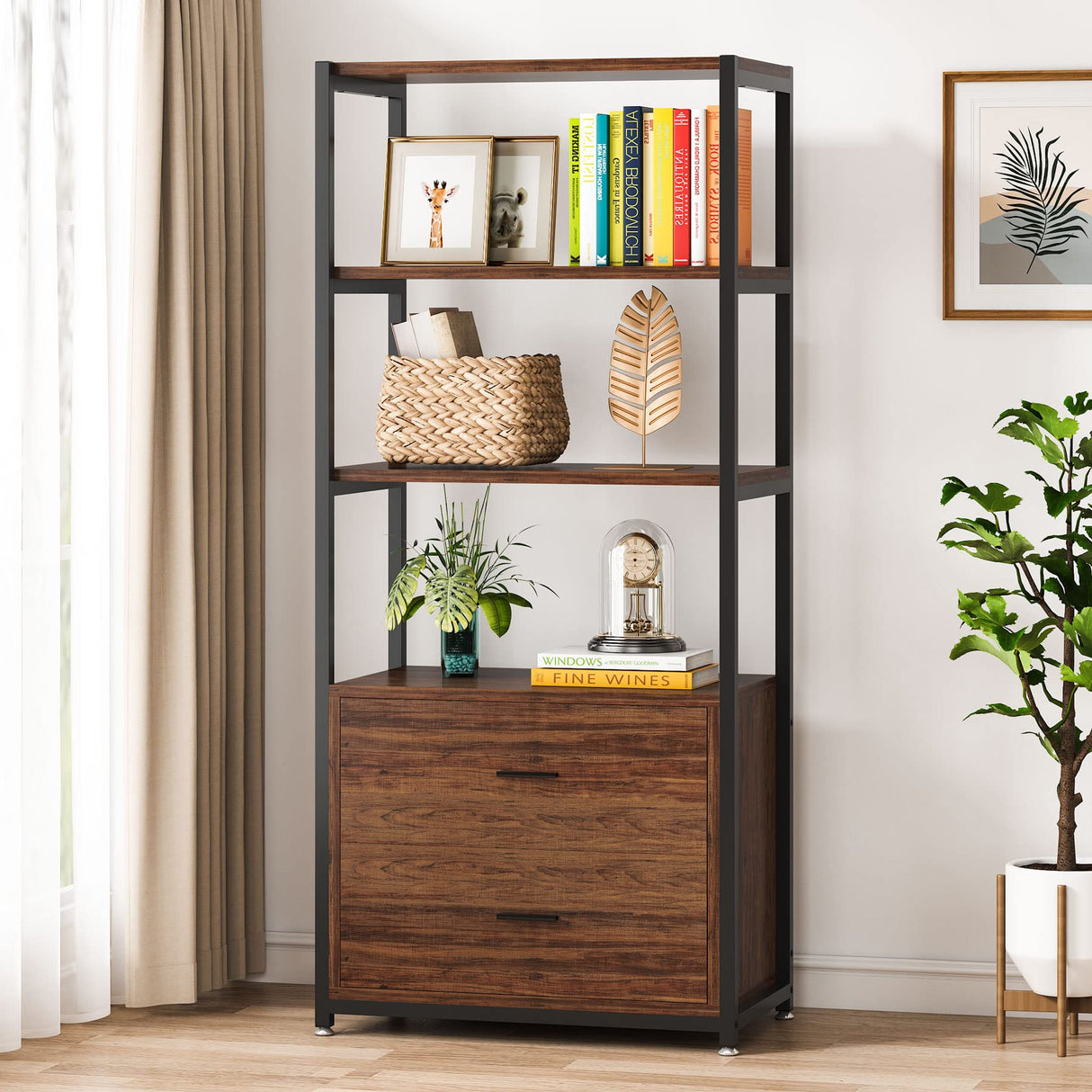 Tribesigns Rustic 4-Tier Bookcase with 2 Storage Drawers for Home Office Tribesigns