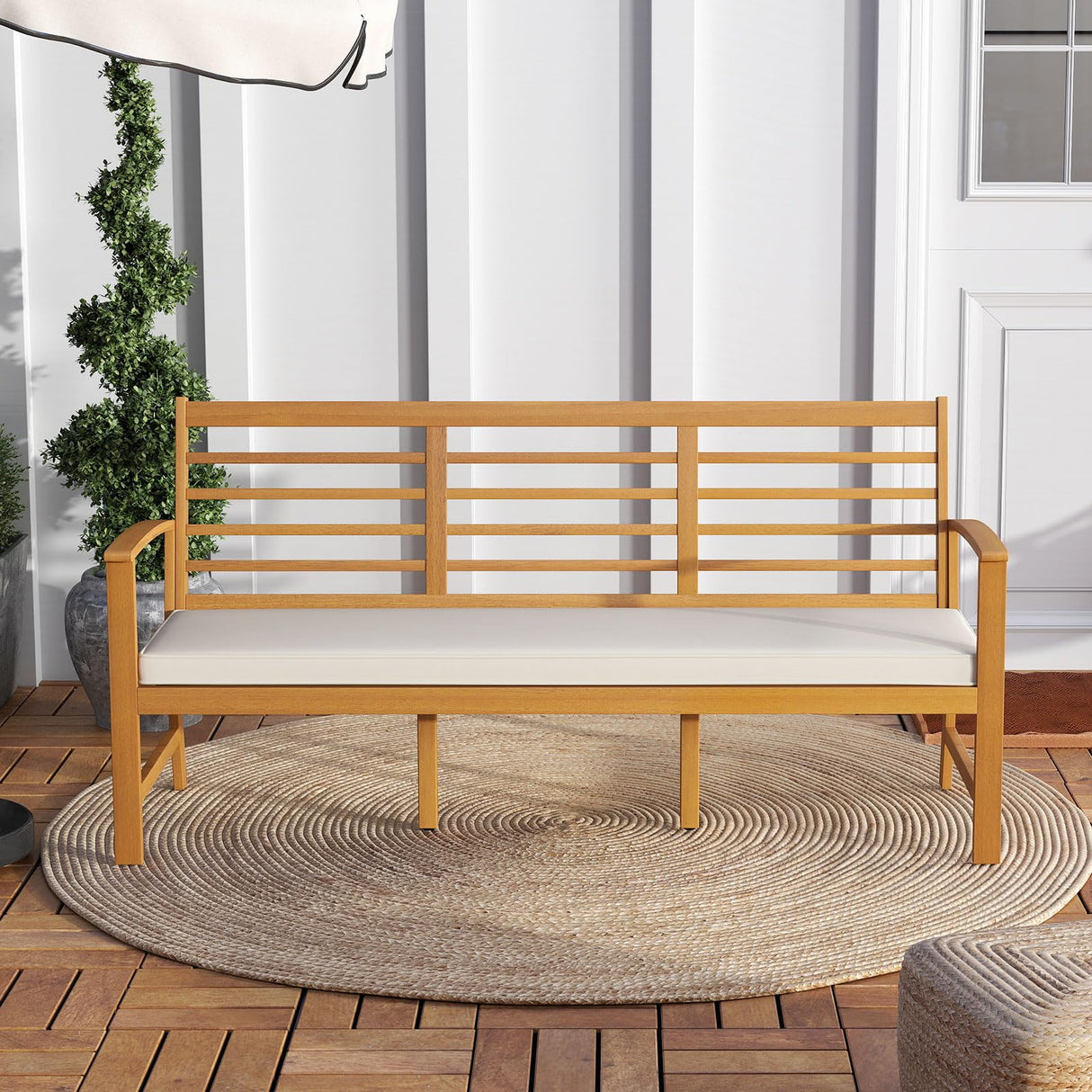 Tangkula 64 Inch Patio Acacia Wood Bench, 3-Seat Extra Long Chair with Cushion, Slatted Seat & Backrest, 3-Person Outdoor Wood Bench for Backyard, Porch, Balcony & Garden Tangkula