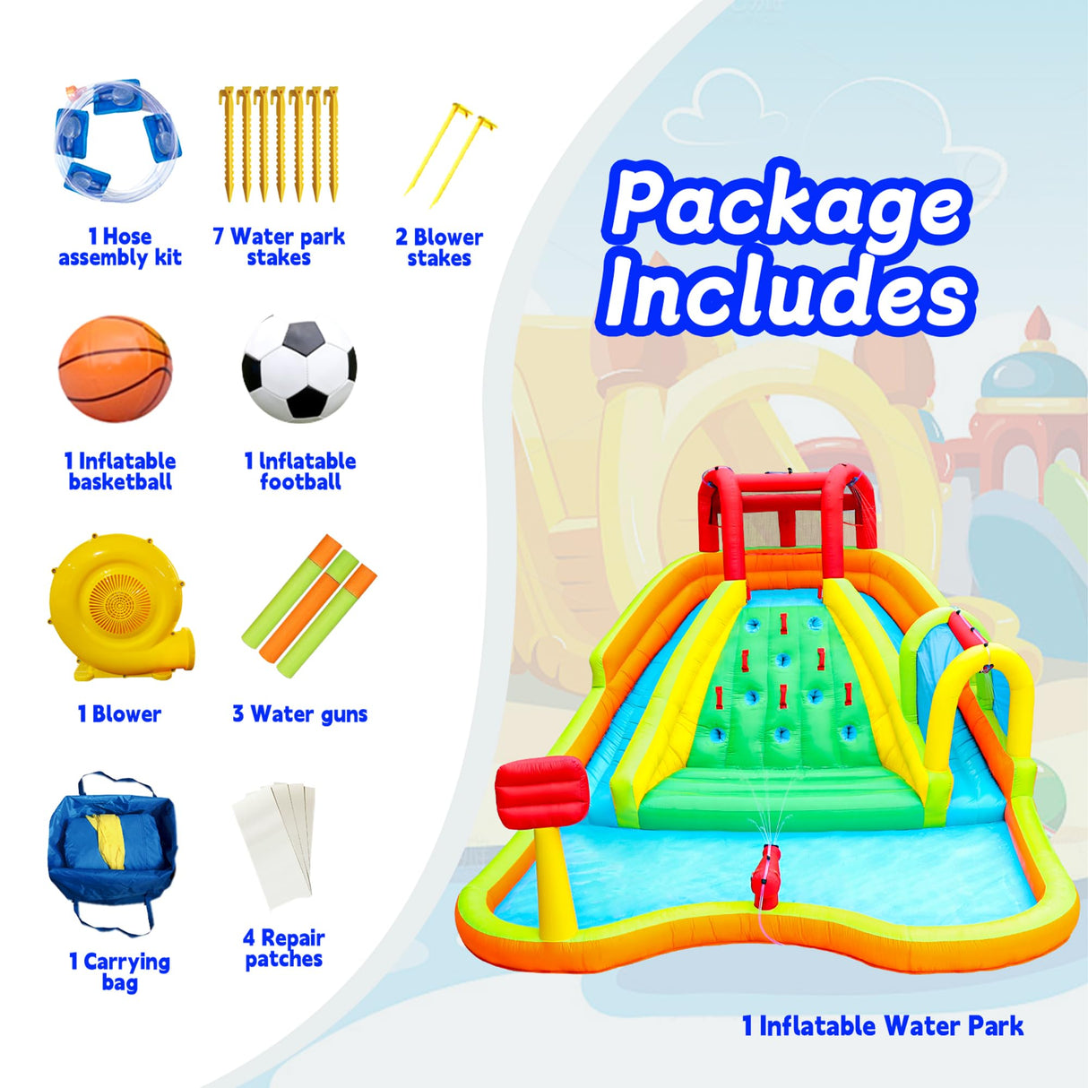 WELLFUNTIME Inflatable Water Double Slides Park, Bounce House with Arched Water Gun Spray, Jumping Castle with Air Blower WELLFUNTIME