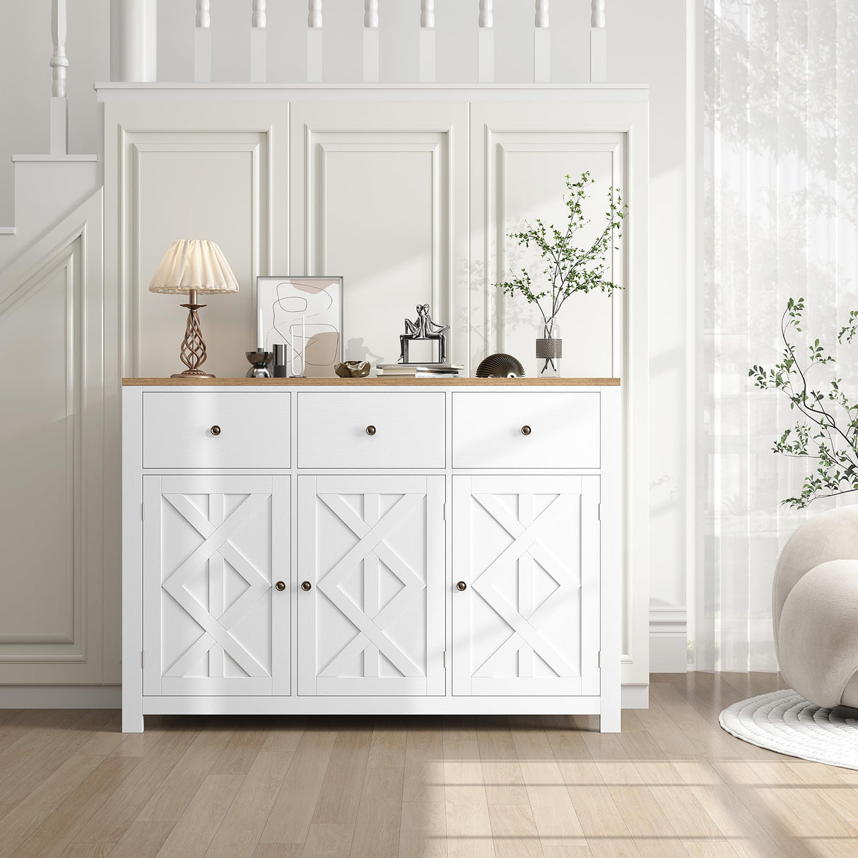 finetones Buffet Cabinet with Storage, 47.3” Farmhouse Sideboard Buffet Cabinet, White Kitchen Cabinet Display Cabinet with 3 Drawers and 3 Doors, Wood Coffee Bar Cabinet for Kitchen Dining Room finetones