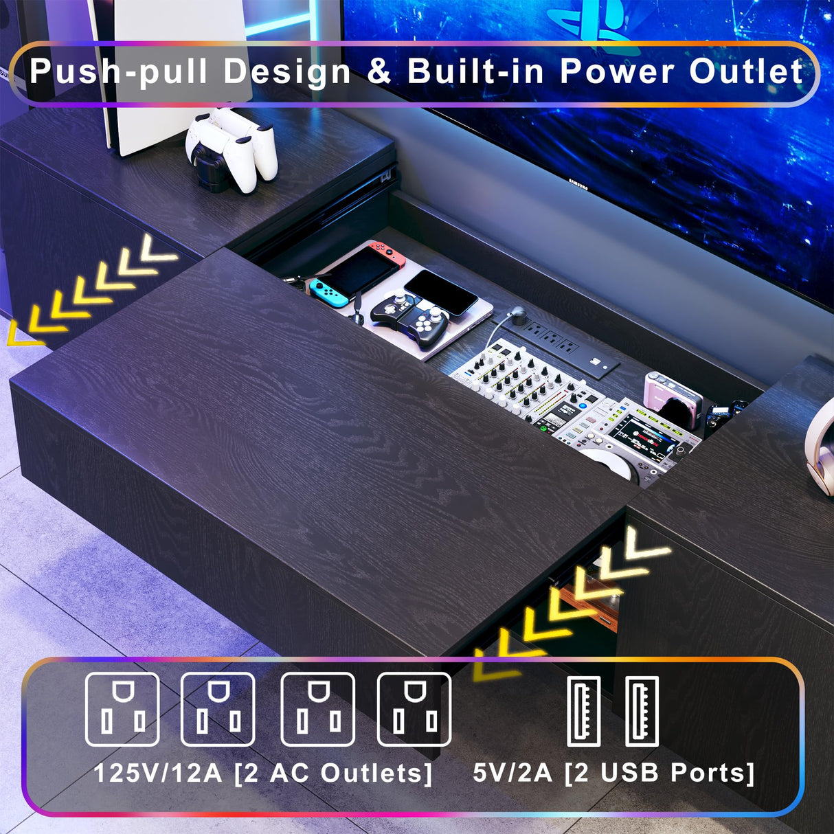 TV Stand for 75 inch TV, Entertainment Center with LED Light, Modern Wood TV Console with Texture Entertainment Stand with Highlight Storage Cabinet for TVs Up to 70-80" Black HUAHUU