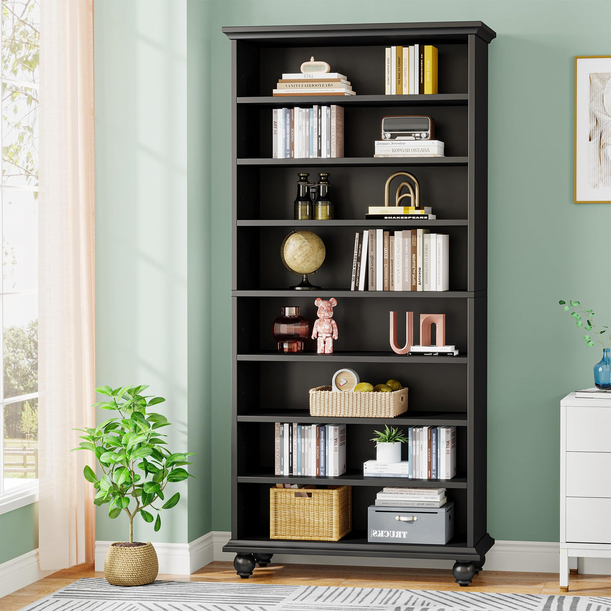 Tribesigns 69-Inch Tall Bookcase with LED Lighting, Modern 9-Tier Freestanding Bookshelf with Solid Wood Legs, Wooden Open Display Shelf Organizer for Living Room, Home Office (1, Black) Tribesigns