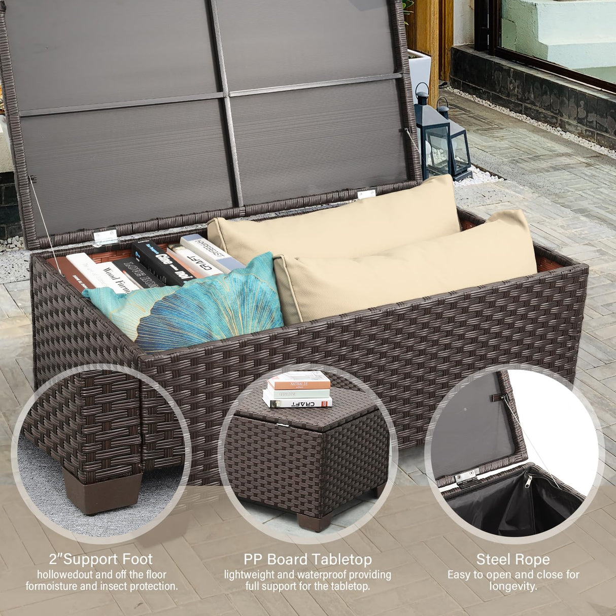 Rattan Star 6 Pieces Patio Outdoor Furniture Outdoor Conversation Sets Wicker Sofa Set with Outdoor Couch Patio Chairs Storage Coffee Table Khaki Cushions Waterproof Covers Rattan Star