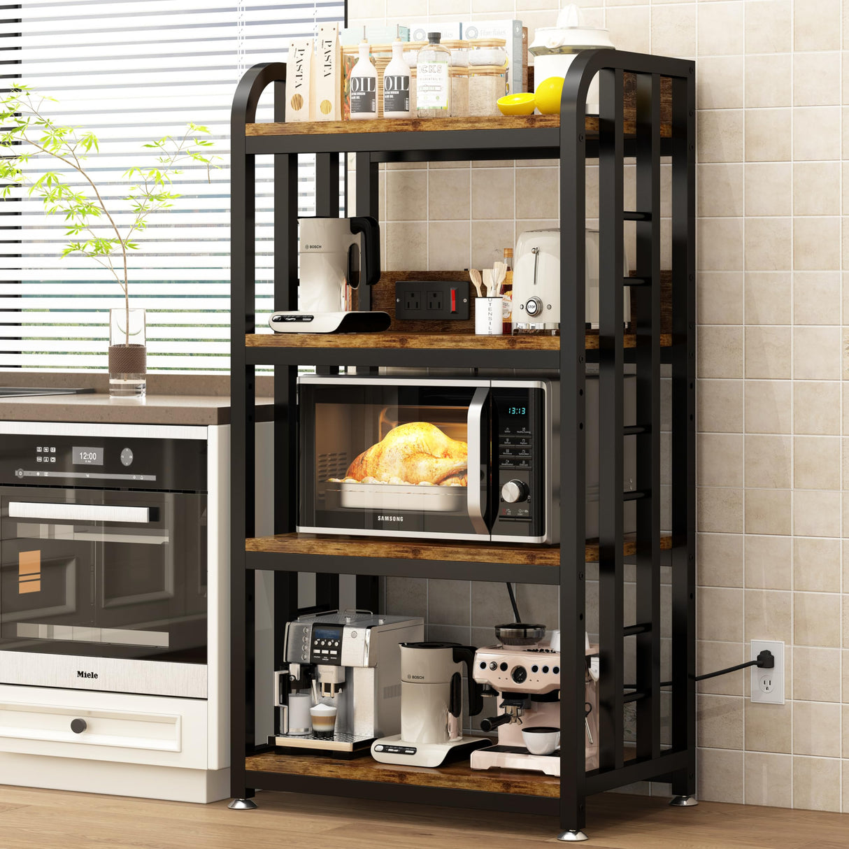 4-Tier Kitchen Bakers Rack with Power Outlet and Rolling Wheels, Microwave Stand with Storage, Adjustable Kitchen Shelves Freestadning, Coffee Bar Station, Bakers Rack for Spices, Pots and Pans, Brown BINGO CHERRY