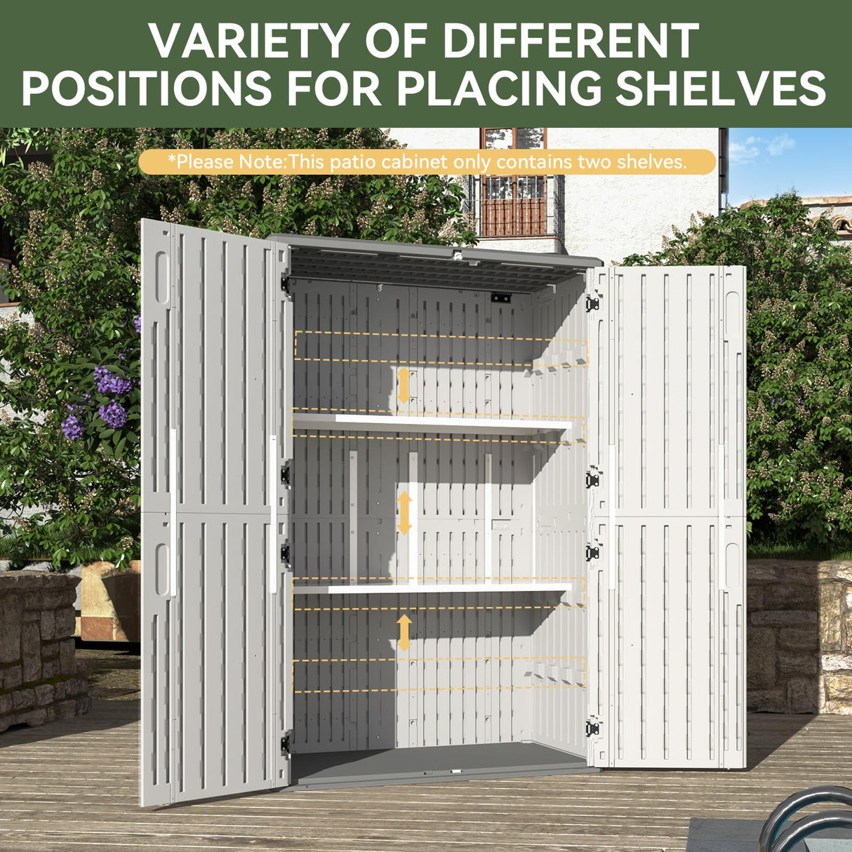 Aoxun Outdoor Resin Storage Shed with 2 Shelves & Floor, 64 Cu.Ft Vertical Waterproof Storage Cabinet for Garage Storage, Pool Storage, Bike Shed, Garden Tools, Patio Furniture (White) Aoxun