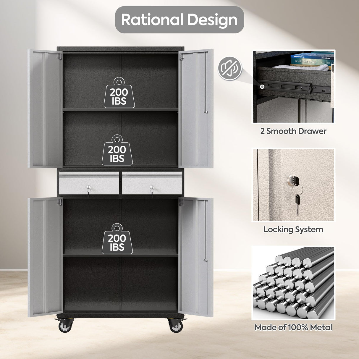 SUXXAN 71" Tall Metal Garage Storage Cabinet with 4 Wheels and 2 Drawer, Rolling Tool Storage Cabinet with Locking Doors and Adjustable Shelves,Heavy Duty Steel Tool Cabinet for Garage, Warehouse SUXXAN