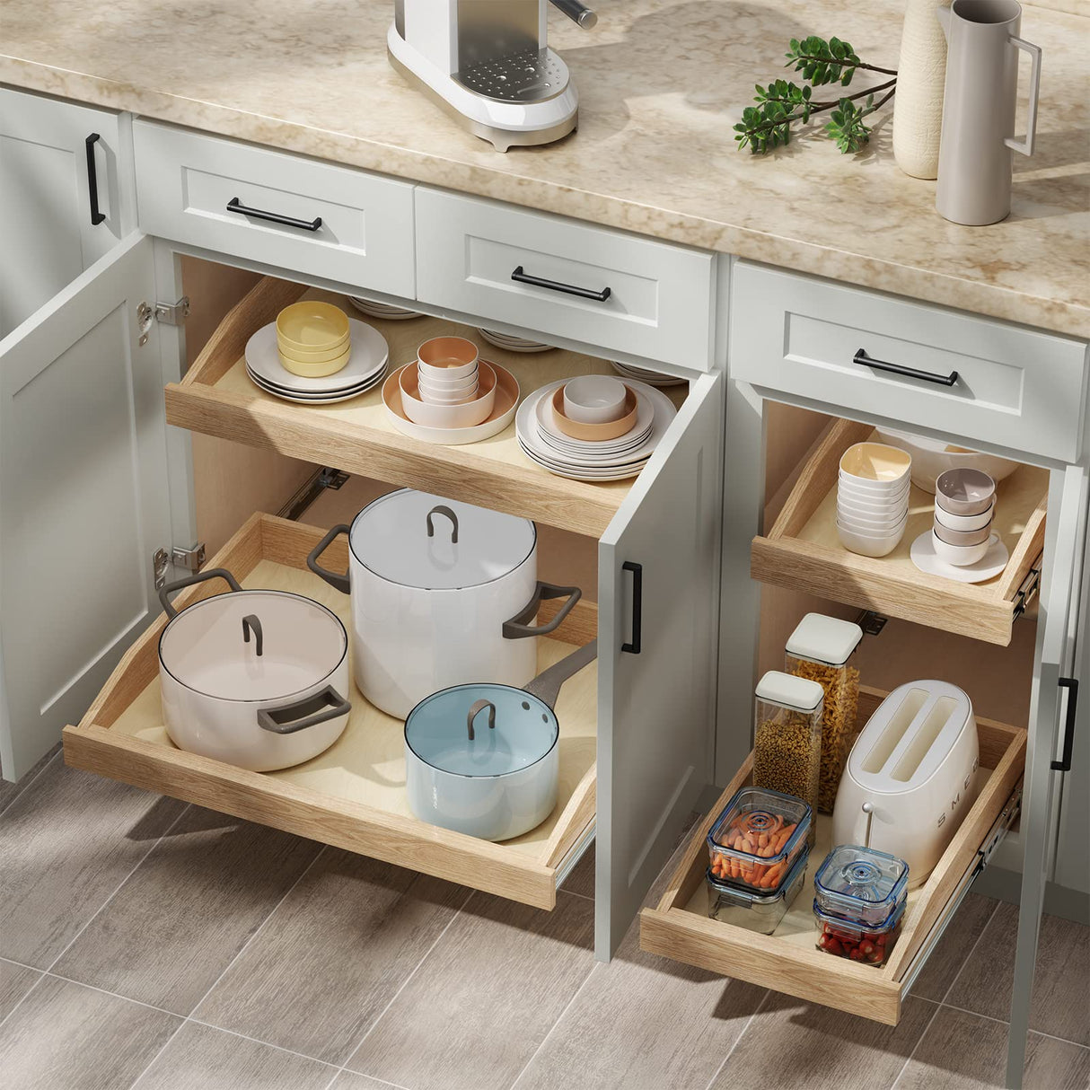 ROOMTEC Soft Close Pull Out Cabinet Organizer 22-1/2" W x 21" D Cabinet Organizer Wood Slide Out Shelves Cabinet Storage and Organizer for Kitchens and Pantry ROOMTEC