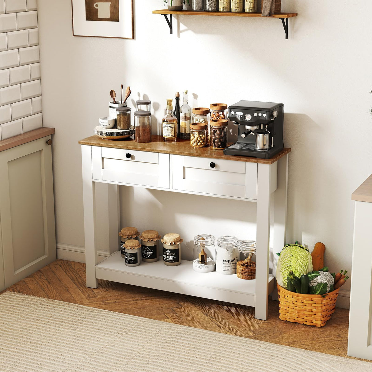 Giantex 42" Farmhouse Console Table with 2 Drawers, Modern Wood Entryway Table, Narrow Long Sofa Tables with Open Storage Shelf for Living Room, Hallway, Entrance, Foyer, Rustic Vintage, White & Brown Giantex