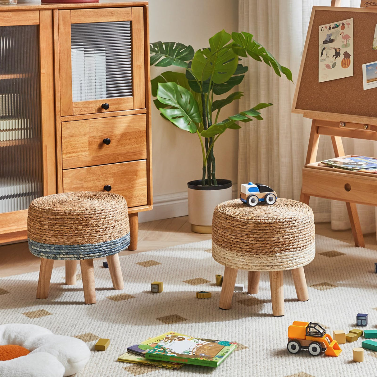 YMYNY Foot Stool Natural Seagrass Hand Weave, 12.6" Small Ottoman, Round Footrest for Living Room, Bedroom, Entryway, Change Shoes Stool, Non-Skid Wood Legs, Boho, Natural+White, UHBD027W YMYNY