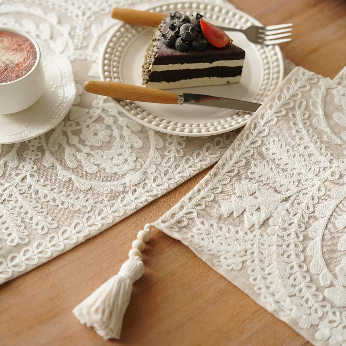 Artbloss Embroidered Table Runner Boho Farmhouse Dresser Scarf Macrame Rustic Lace Doily with Tassel for Kitchen Indoor Outdoor Fireplace (Beige, 14 x 56 Inches) Artbloss