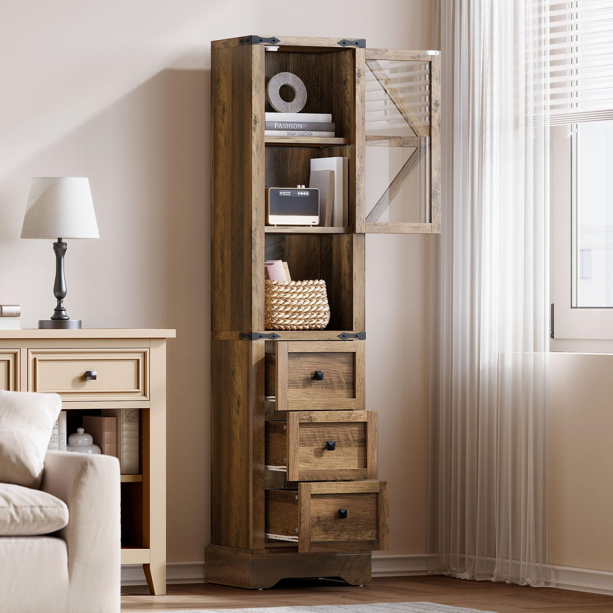 DWVO Tall Bathroom Storage Cabinet, 68" Farmhouse Storage Cabinet with Adjustable Shelves & Storage Drawers, Floor Storage Cabinet for Bathroom, Living Room, Antique Brown DWVO