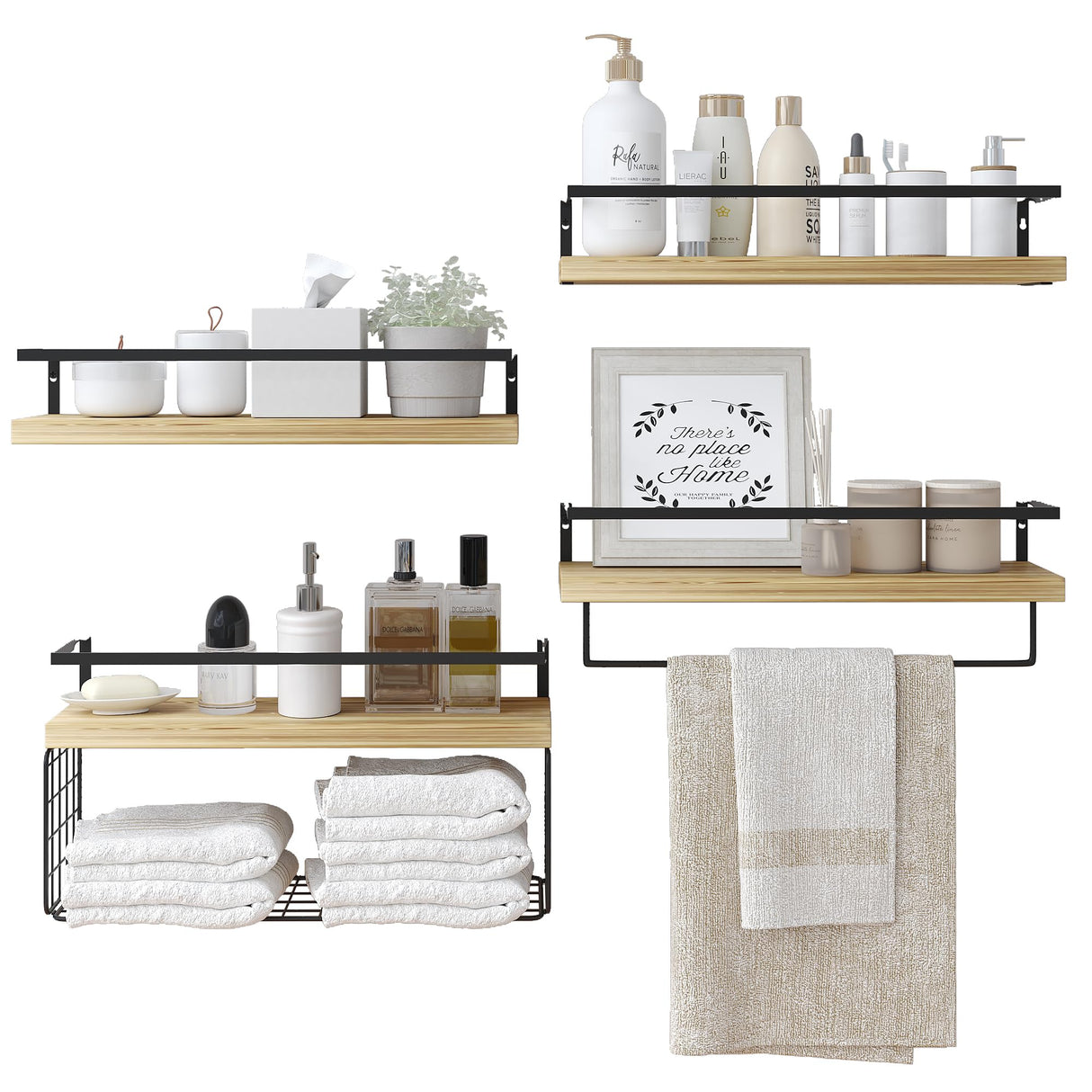 LUDORU Wood Floating Shelves Wall Mounted - 4+1 Tier Rustic Bathroom Wall Shelves Over Toilet with Wire Storage Basket and Towel Bar, Set of 4 Farmhouse Floating Shelf for Bathroom, Kitchen, Bedroom. LUDORU