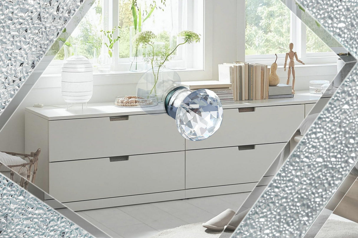 RuiSiSi Mirrored Glass TV Stand with Open Storage & 2 Storage Cabinets, TV Console Table for 65+ Inch TV, Entertainment Center with Diamond Shape Sparkling Mirror Doors, for Living Room, Sliver RuiSiSi