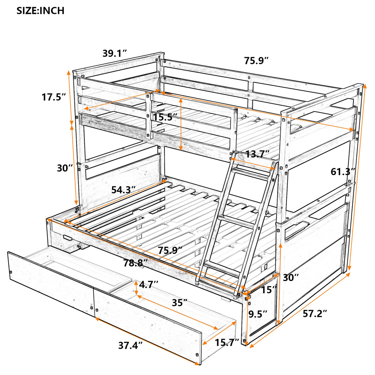 Merax Twin Over Full Bunk Bed, Wood Bunk Bed with Removable Ladders and Two Storage Drawers, Convertible into Two Individual Beds (White) Merax