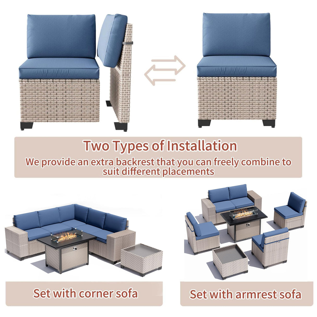 Aukreolis 7 Pieces Patio Furniture Set with Fire Pit Table, Outdoor Sectional Wicker Sofa with Thickened Cushions and Coffee Table, High Back Rattan Patio Conversation Sets, Navy Aukreolis