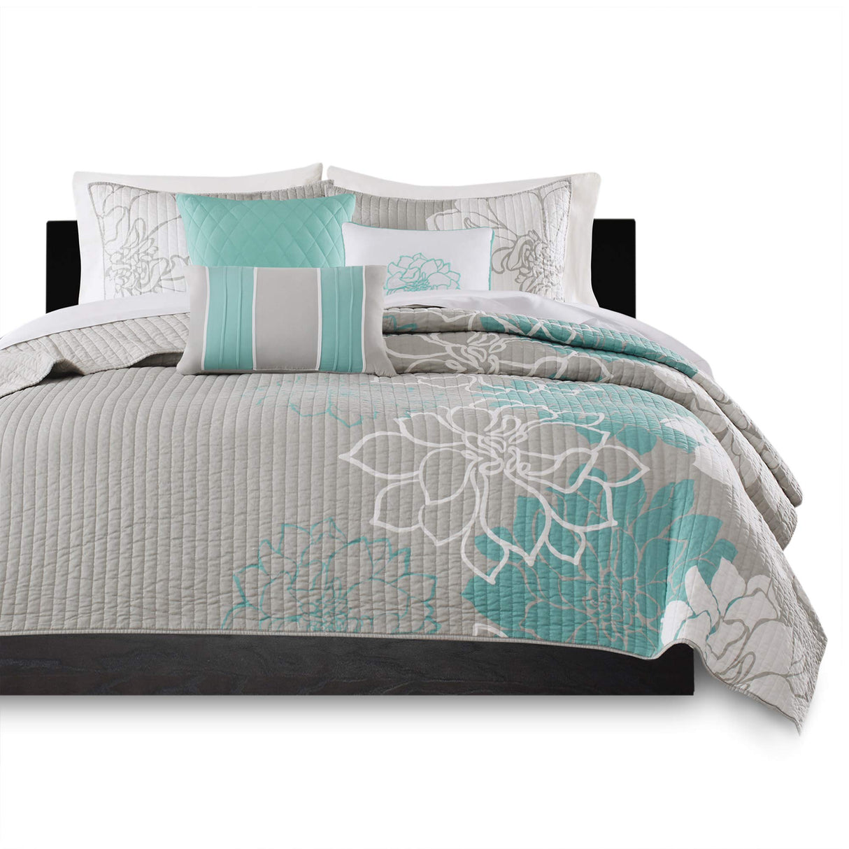 Madison Park Lola 100% Cotton Quilt Set - Casual Floral Channel Stitching Design, All Season, Lightweight Coverlet Bedspread Bedding, Shams, Decorative Pillows, King/Cal King(104"x94"), Aqua 6 Piece Madison Park