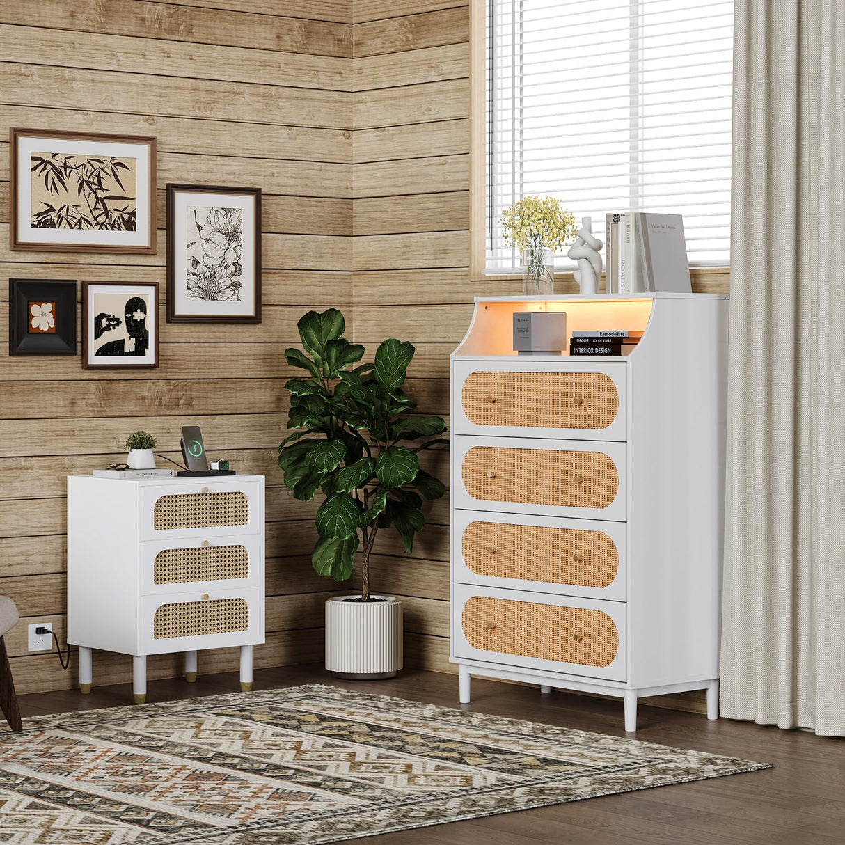 VINGLI White Rattan Dresser with LED Lights, Tall Dresser, Rattan Chest of Drawers for Bedroom, Vertical 4 Drawer Dressers for Bedroom, Boho VINGLI