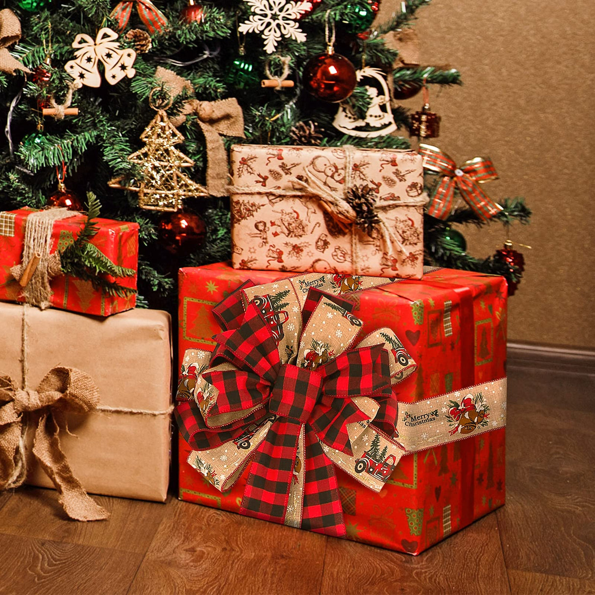 MTSCE Christmas Tree Topper, 57x 13 Inches Handmade Buffalo Plaid Christmas Decorations, Red Black Christmas Bow Topper, Rustic Farmhouse Xmas Decorations Home Decor MTSCE