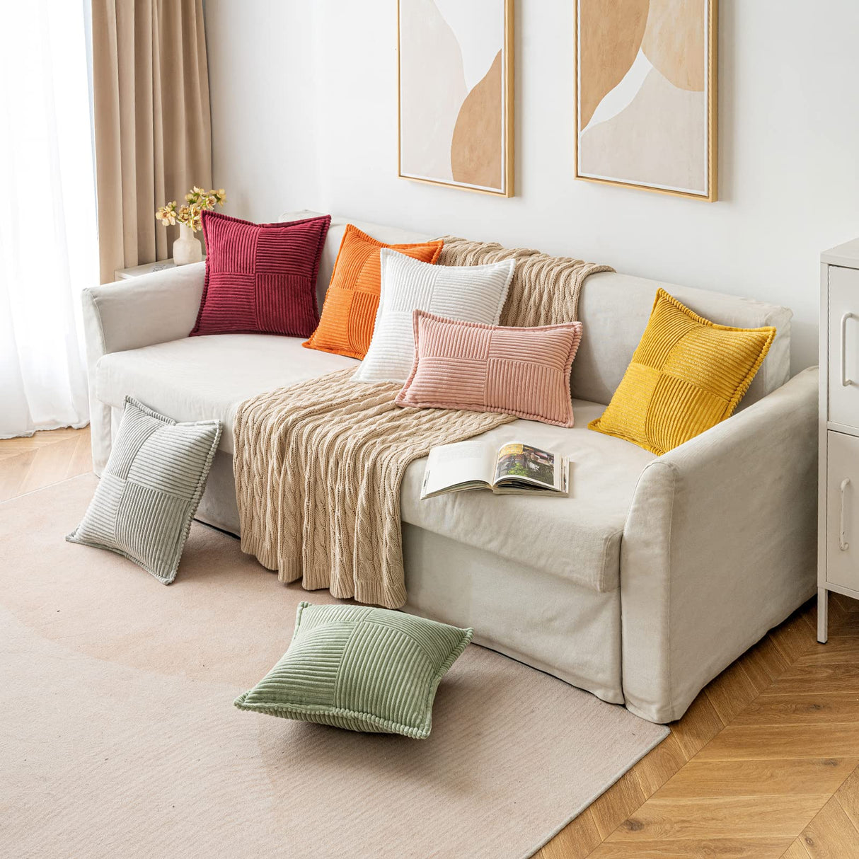 MIULEE Corduroy Pillow Covers with Splicing Set of 2 Super Soft Boho Striped Pillow Covers Broadside Decorative Spring Throw Pillows for Couch Cushion Livingroom 18x18 inch, Beige MIULEE