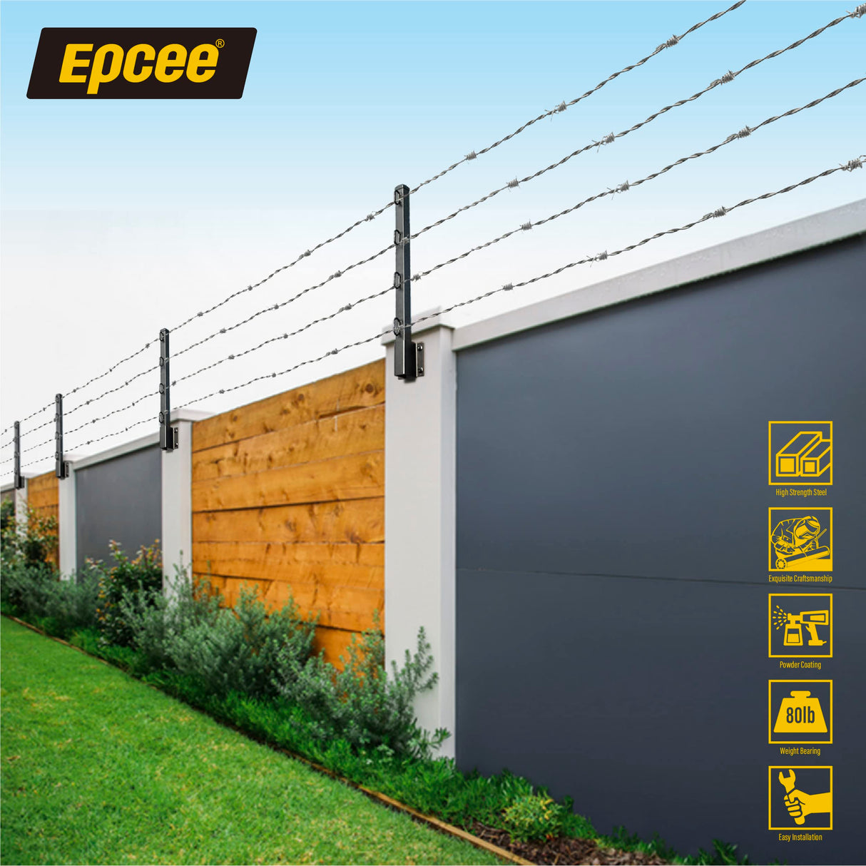 Epcee Fence Post Extender, 23.5" Fence Barbed Wire Extend Arm,for Outdoor Fences to Increase Height, Protect Privacy and Pets Jumping Off (Wooden Wall-4 Pack) Epcee