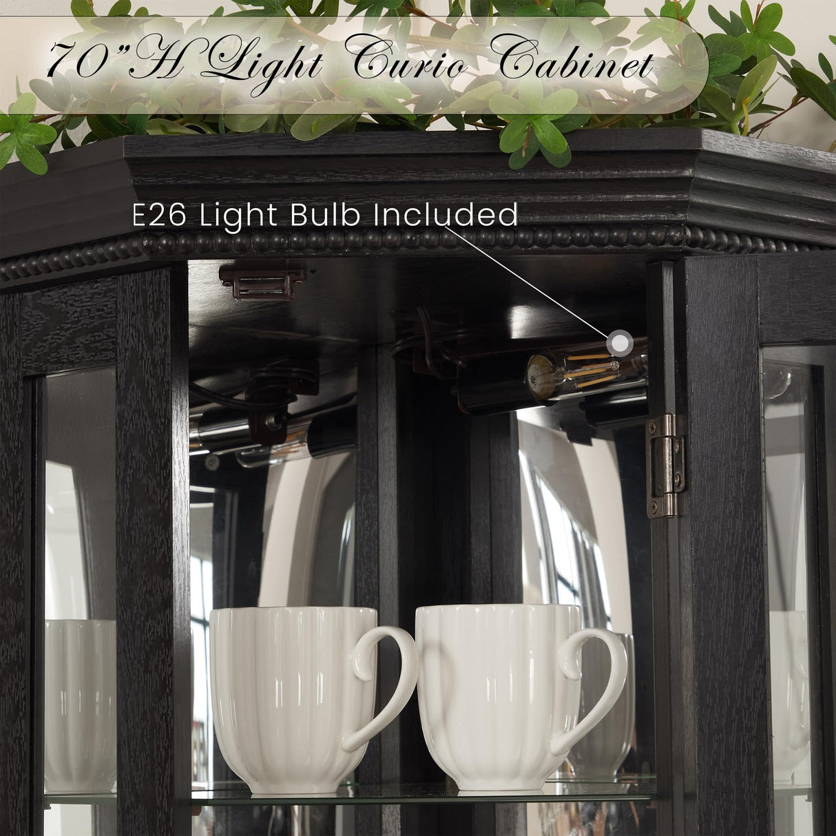 Eyisean Lighted Corner Curio Cabinet 70" Glass Display Cage with 6 Tempered Adjustable Shelves, Freestanding Home Bar Cabinet with Door, Rack for Liquor Storage and Living Room (Black) Eyisean